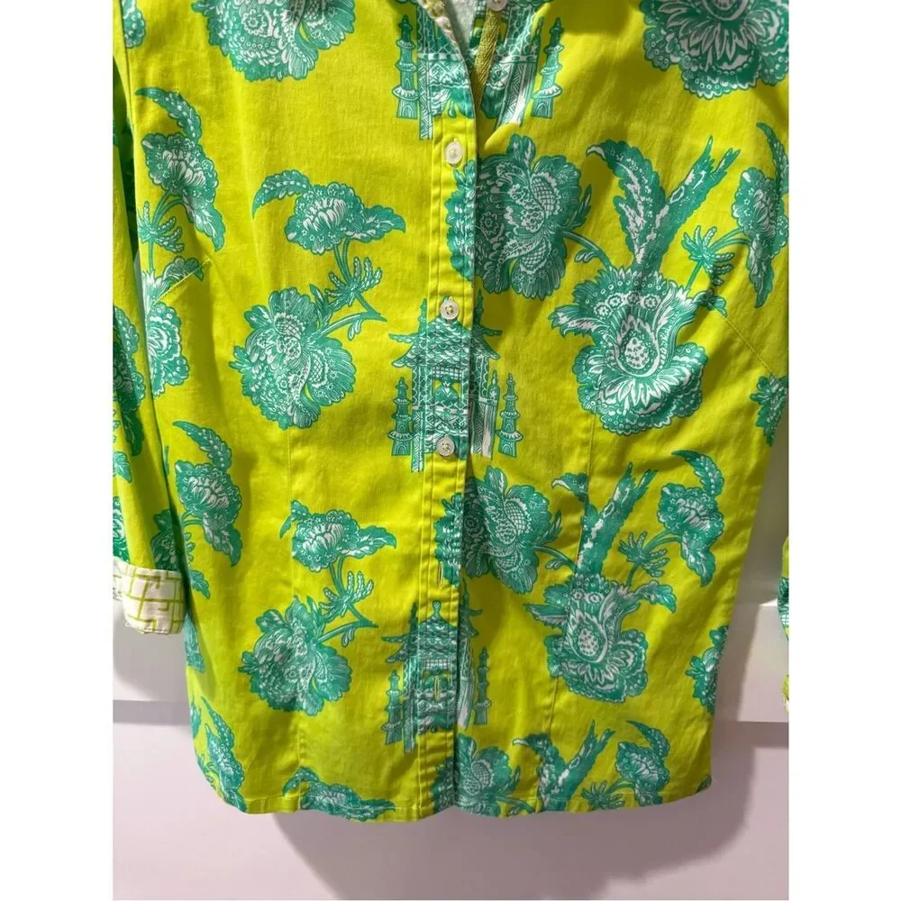 Tissue boho Bright Lime Green Floral Western style Button-Up Blouse
